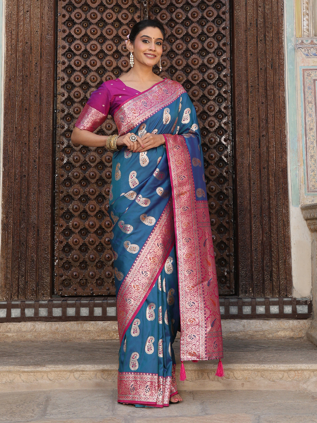 Anaita Blue Silk Woven Saree With Blouse - Distacart