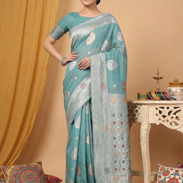 Anaita Blue Linen Woven Work Saree With Blouse - Distacart