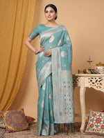Thumbnail for Anaita Blue Linen Woven Work Saree With Blouse - Distacart