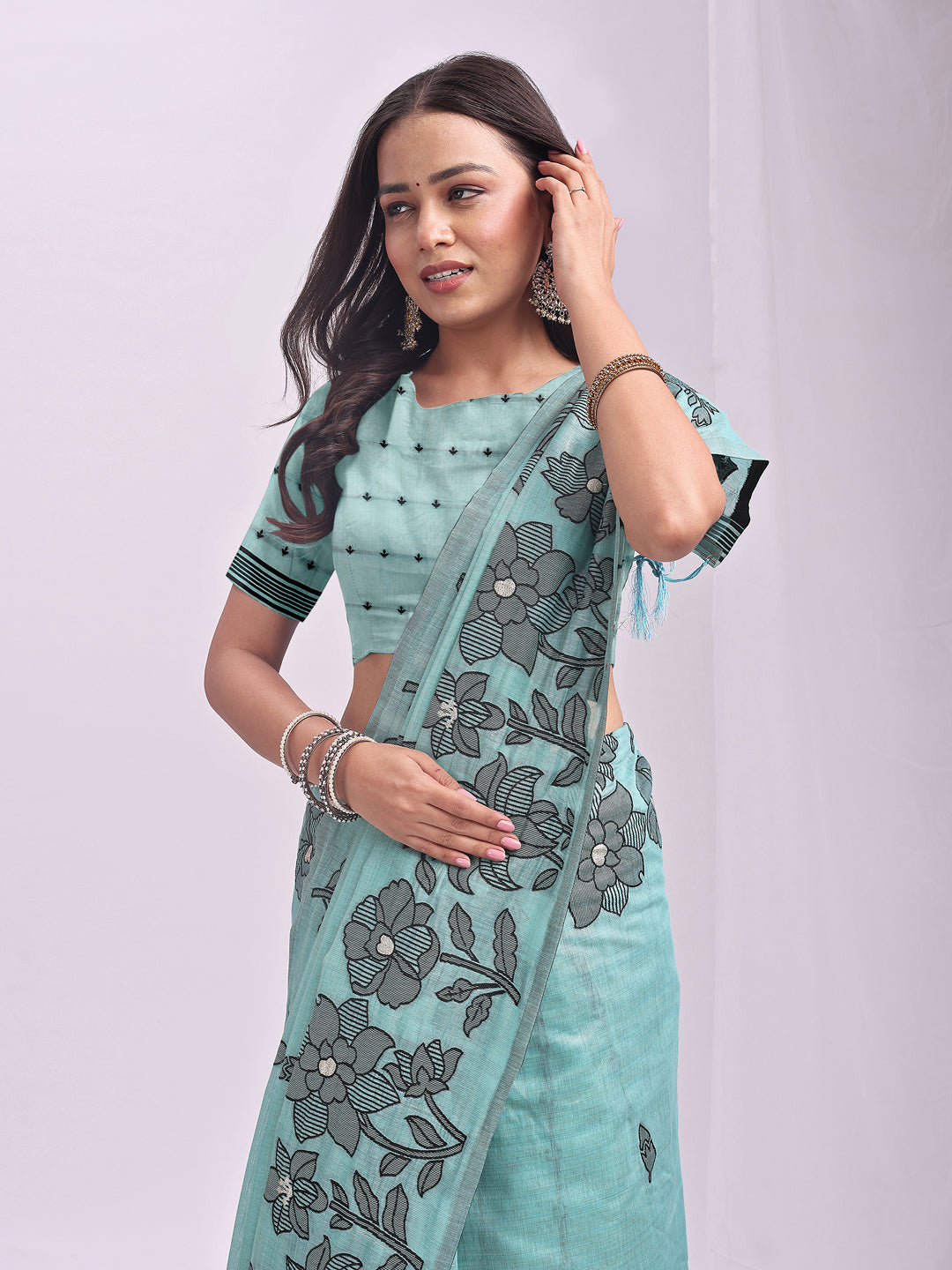 Anaita Blue Linen Printed Saree With Blouse - Distacart