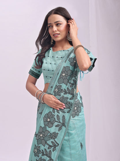Anaita Blue Linen Printed Saree With Blouse - Distacart