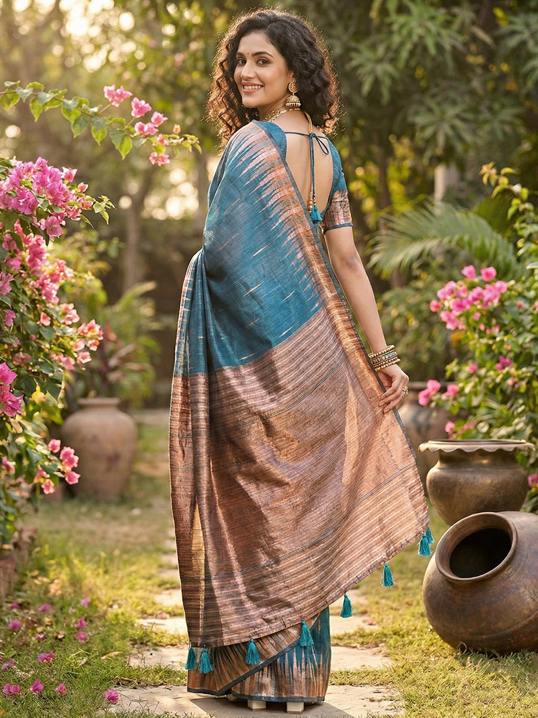 Anaita Blue Linen Woven Work Saree With Blouse - Distacart