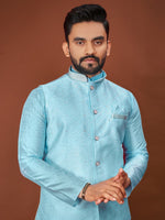 Thumbnail for Anaita Blue Jacquard Silk Straight Kurta With Koti & Pajama - Distacart