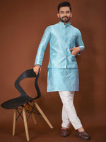Thumbnail for Anaita Blue Jacquard Silk Straight Kurta With Koti & Pajama - Distacart