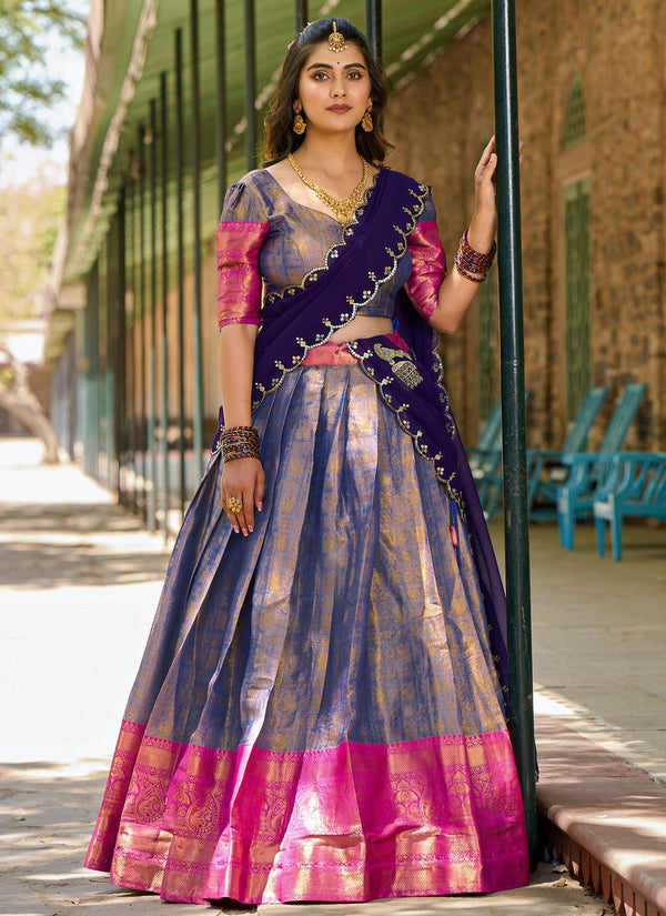 Lorenvalley Blue Kanjivaram Silk Zari Weaving Lehenga Choli with Dupatta - Distacart