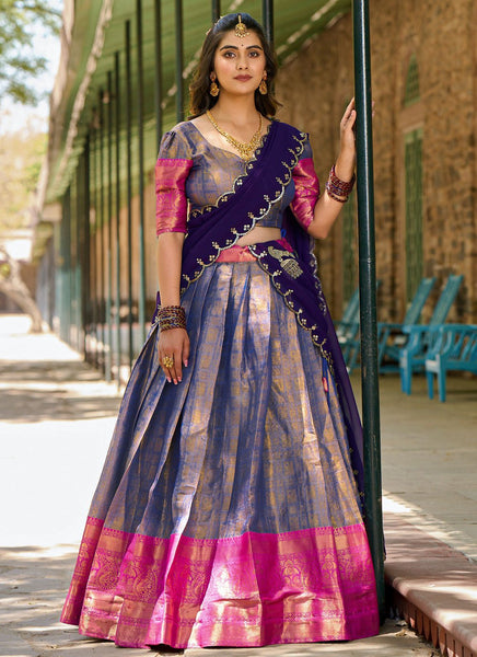 Lorenvalley Blue Kanjivaram Silk Zari Weaving Lehenga Choli with Dupatta - Distacart