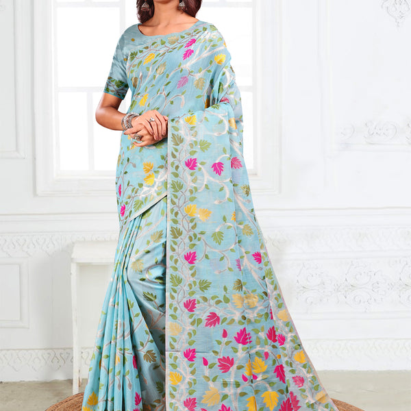 Anaita Blue Linen Printed Saree With Blouse - Distacart