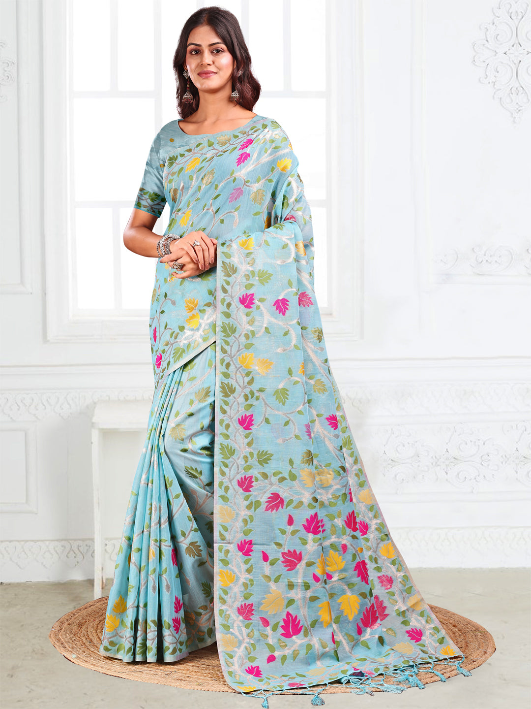 Anaita Blue Linen Printed Saree With Blouse - Distacart