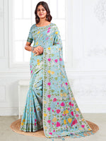Thumbnail for Anaita Blue Linen Printed Saree With Blouse - Distacart