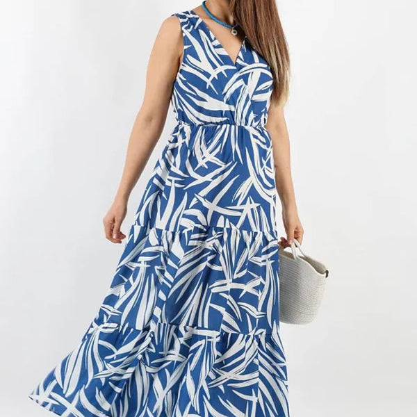 Pimu Viscose Patterned Summer Dress - Elastic Waist, V-Neck - Blue