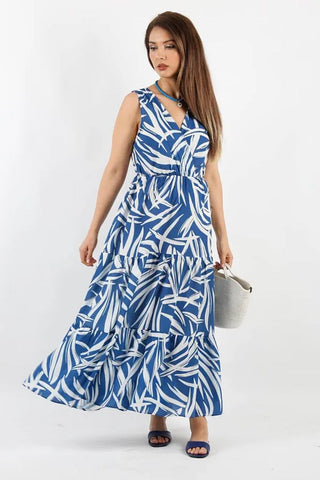 Pimu Viscose Patterned Summer Dress - Elastic Waist, V-Neck - Blue