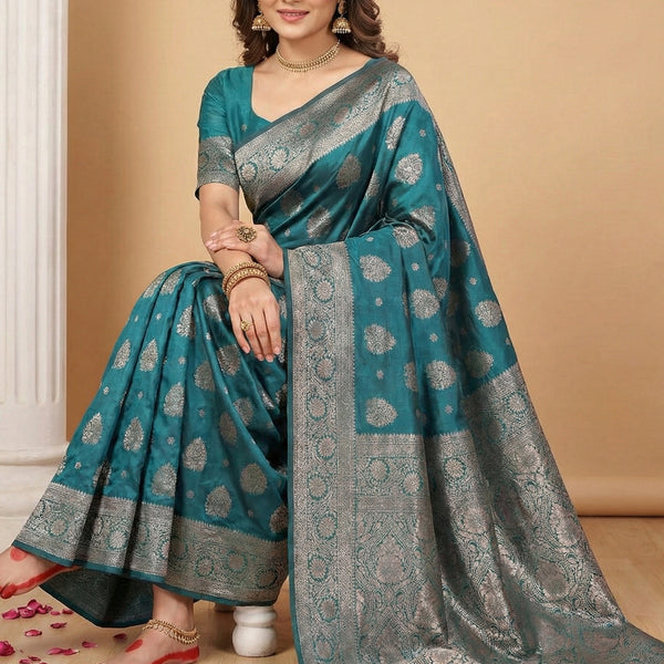 Anaita Blue Silk Blend Woven Saree With Blouse - Distacart