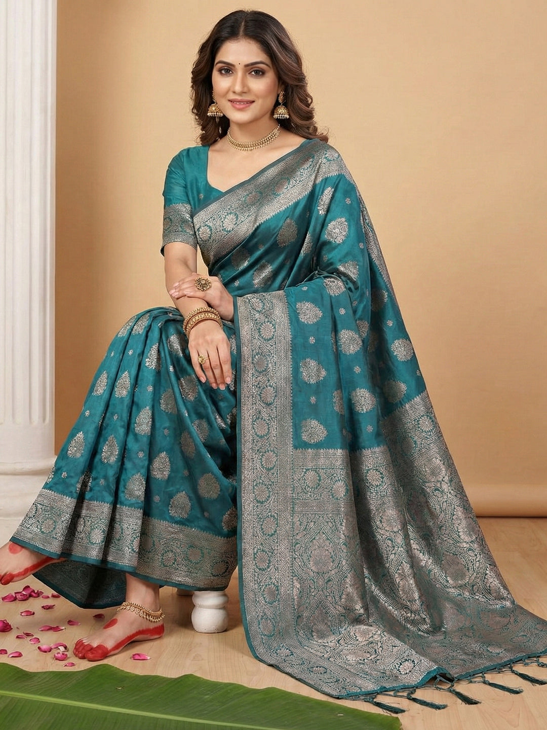 Anaita Blue Silk Blend Woven Saree With Blouse - Distacart