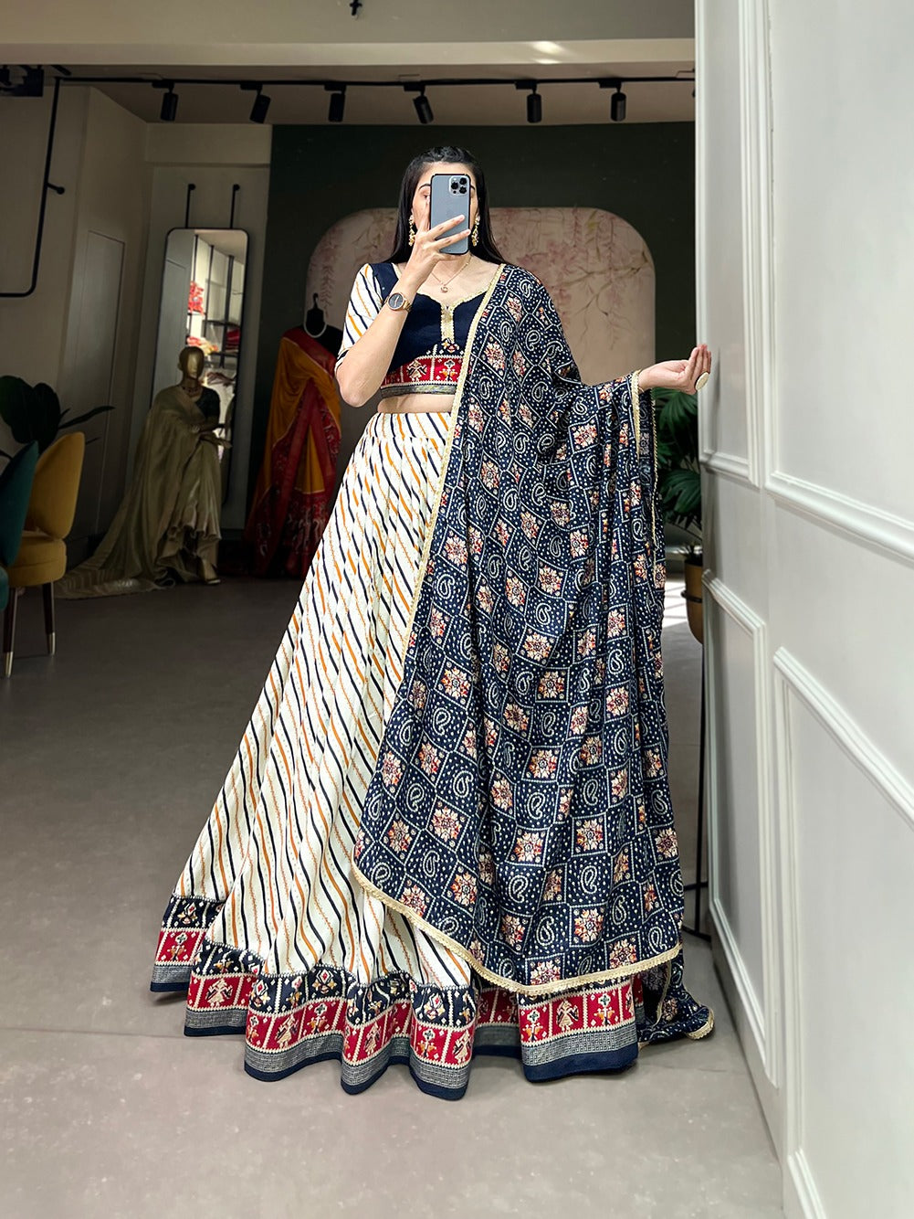Lorenvalley White And Blue Pure Cotton Leheriya With Patola Print Lehenga Choli With Dupatta - Distacart