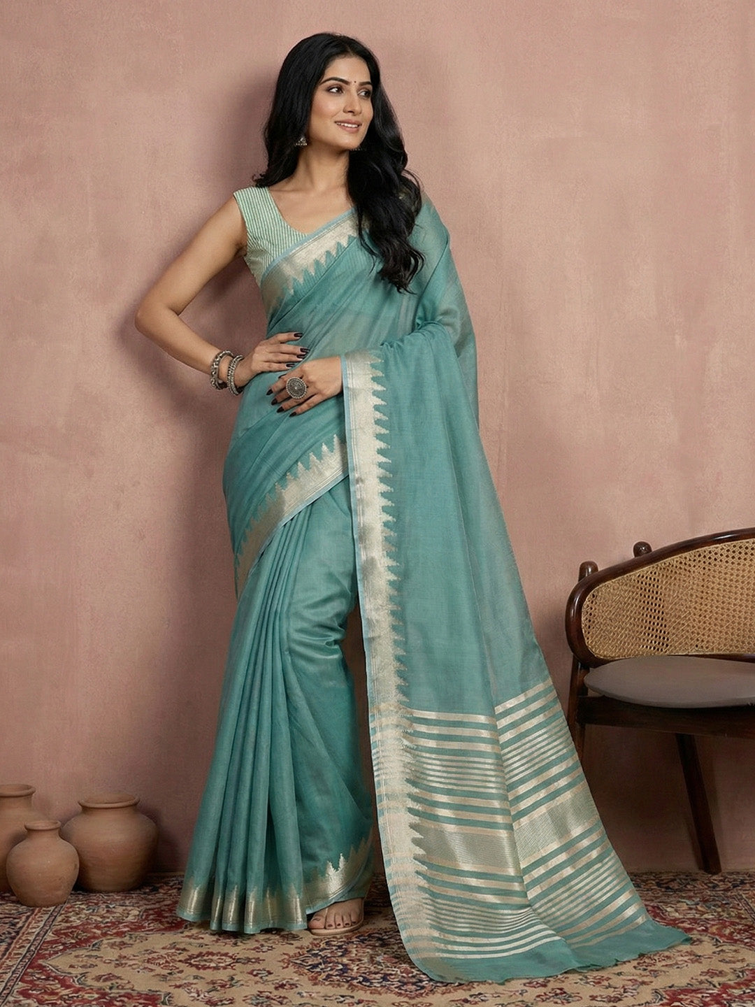 Anaita Blue Cotton Saree With Blouse - Distacart