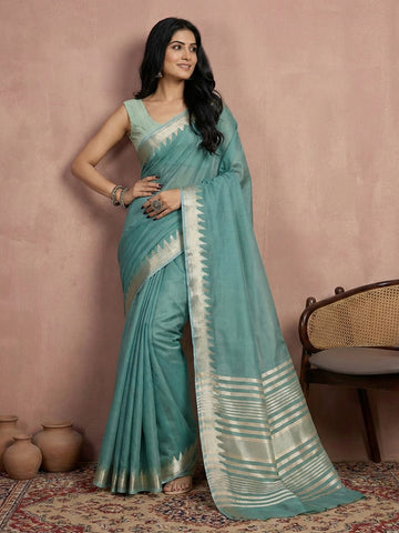 Anaita Blue Cotton Saree With Blouse - Distacart