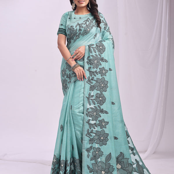 Anaita Blue Linen Printed Saree With Blouse - Distacart