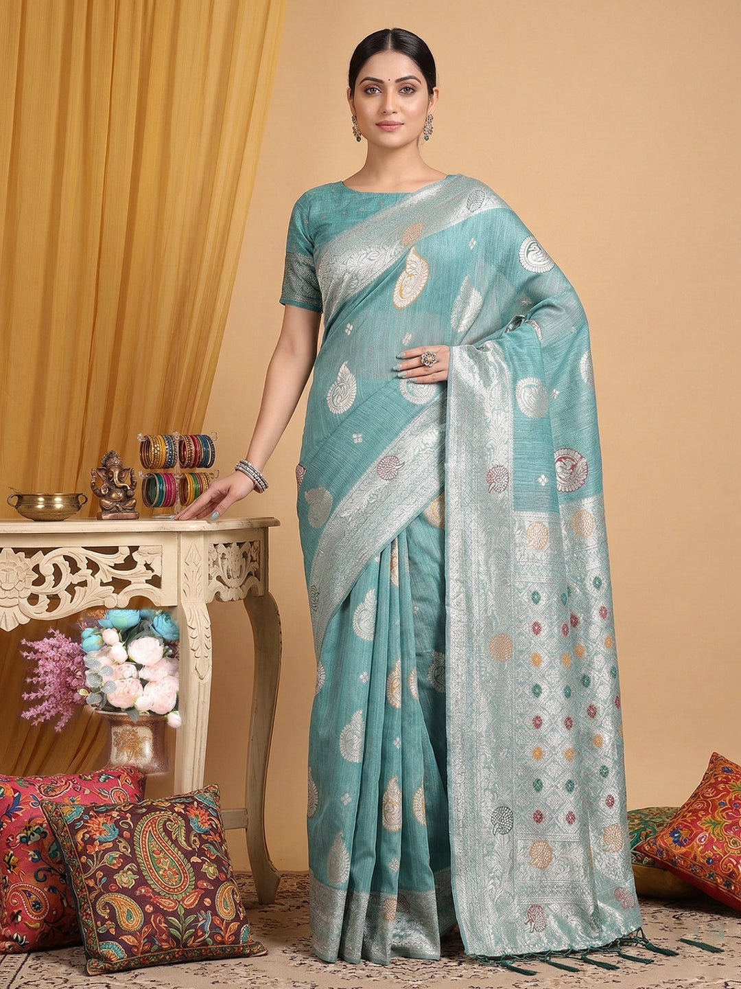 Anaita Blue Linen Woven Work Saree With Blouse - Distacart