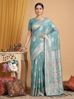 Thumbnail for Anaita Blue Linen Woven Work Saree With Blouse - Distacart