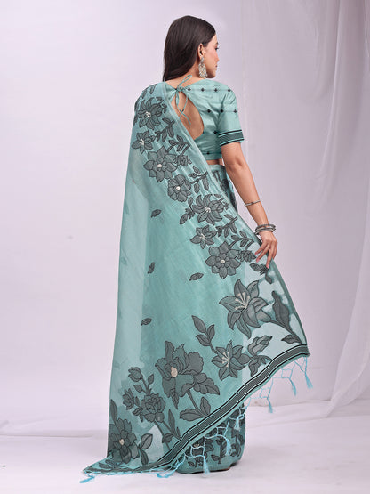 Anaita Blue Linen Printed Saree With Blouse - Distacart