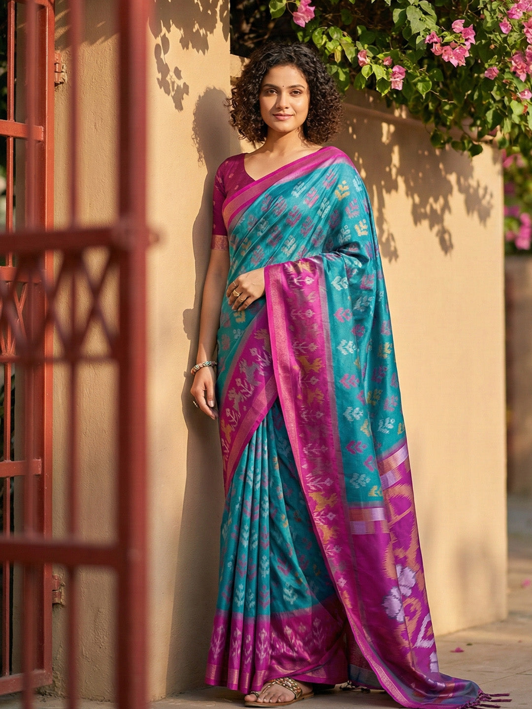 Anaita Blue Pochampally Printed Saree With Blouse - Distacart