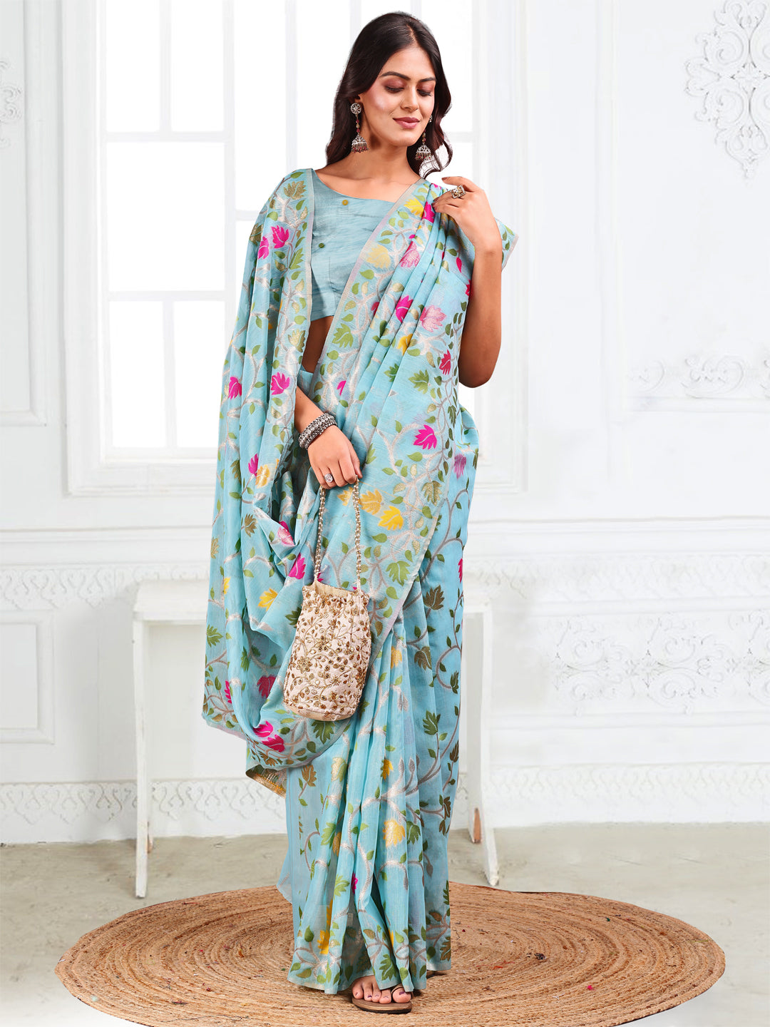 Anaita Blue Linen Printed Saree With Blouse - Distacart