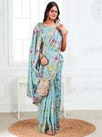 Thumbnail for Anaita Blue Linen Printed Saree With Blouse - Distacart