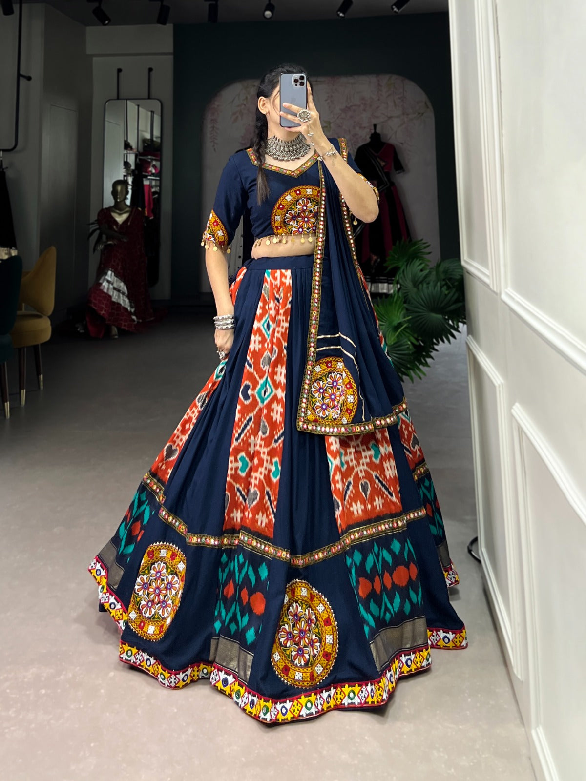 Lorenvalley Blue Rayon and Printed Silk with Plain And Printed With Original Mirror Gamthi Work And Gamthi Patch Work Lehenga Choli - Distacart