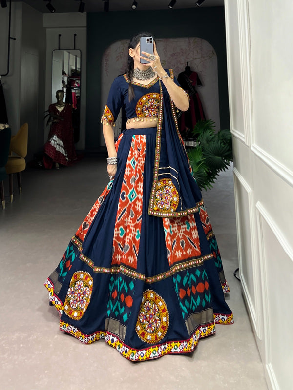 Lorenvalley Blue Rayon and Printed Silk with Plain And Printed With Original Mirror Gamthi Work And Gamthi Patch Work Lehenga Choli - Distacart