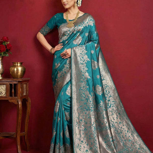 Anaita Blue Silk Blend Woven Saree With Blouse - Distacart