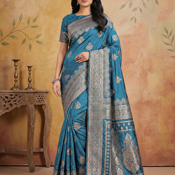 Anaita Blue Silk Blend Woven Saree With Blouse - Distacart