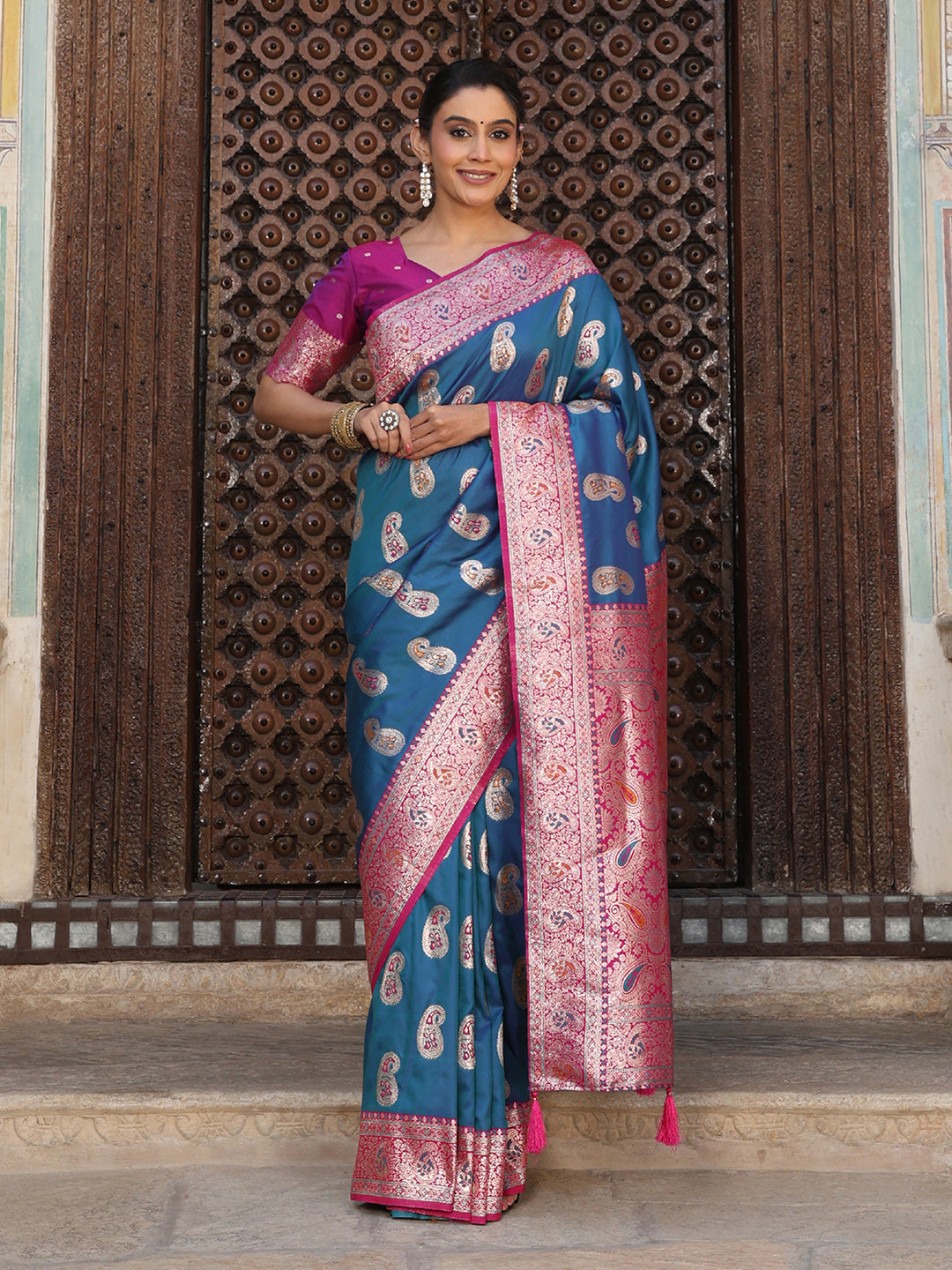 Anaita Blue Silk Woven Saree With Blouse - Distacart