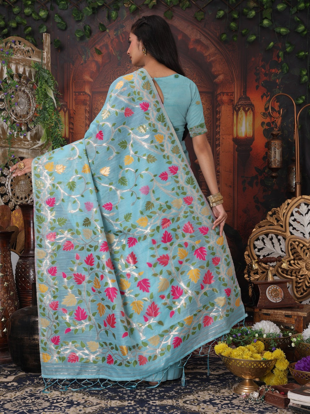 Anaita Blue Linen Printed Saree With Blouse - Distacart