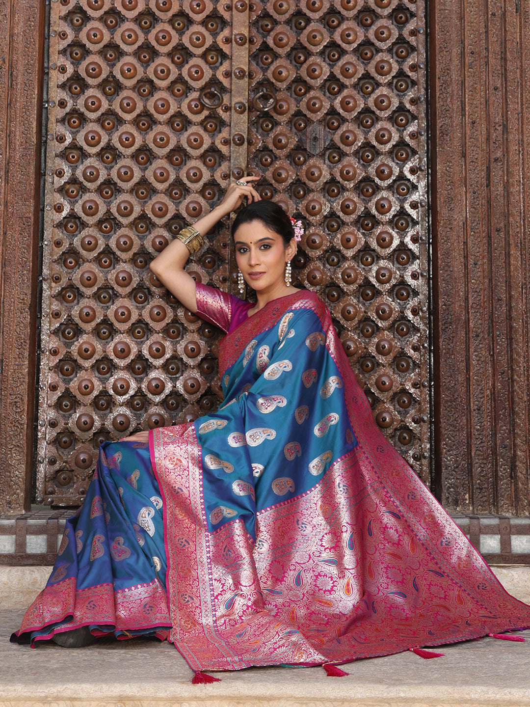 Anaita Blue Silk Woven Saree With Blouse - Distacart