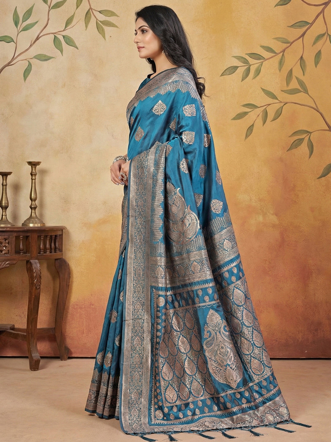 Anaita Blue Silk Blend Woven Saree With Blouse - Distacart