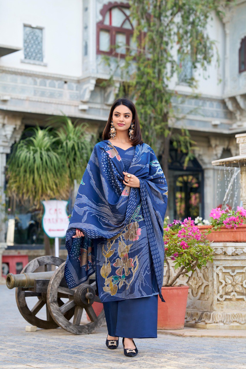 Lorenvalley Blue Roman Silk Floral Print With Beets Handwork Kurta Set - Distacart