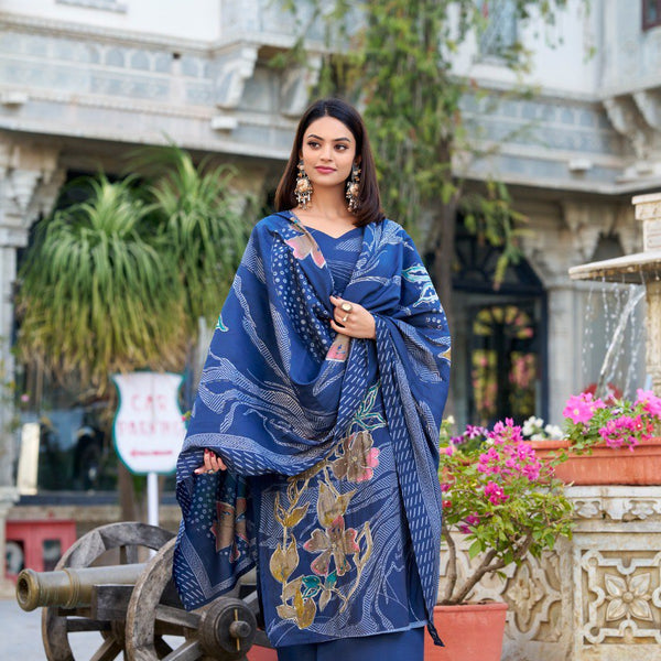 Lorenvalley Blue Roman Silk Floral Print With Beets Handwork Kurta Set - Distacart