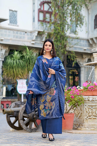Lorenvalley Blue Roman Silk Floral Print With Beets Handwork Kurta Set - Distacart