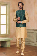 Thumbnail for Raivat Ethnic Jacquard Banarasi Silk Woven Work 3 Pics Jacket Set In Green Colour - Distacart