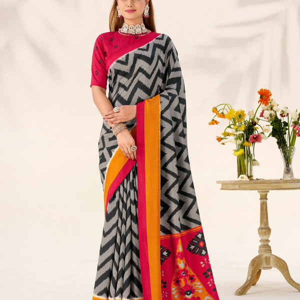 Vastranavya Black Tussar Silk Zigzag Waves Printed Saree with Unstitched Blouse - Distacart