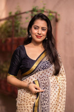 Thumbnail for Cream Silk Blend Geometric Saree with Unstitched Blouse - A2M