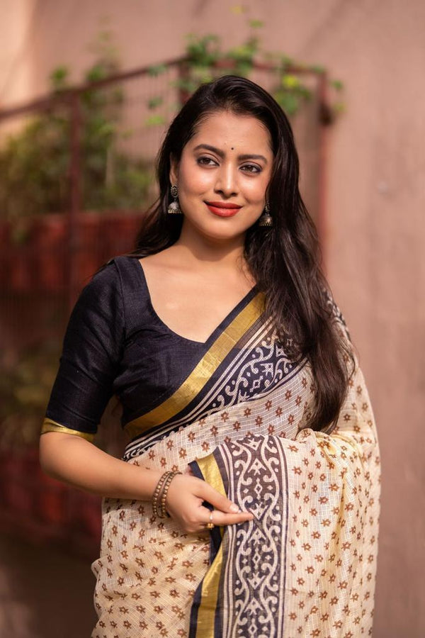 Cream Silk Blend Geometric Saree with Unstitched Blouse - A2M