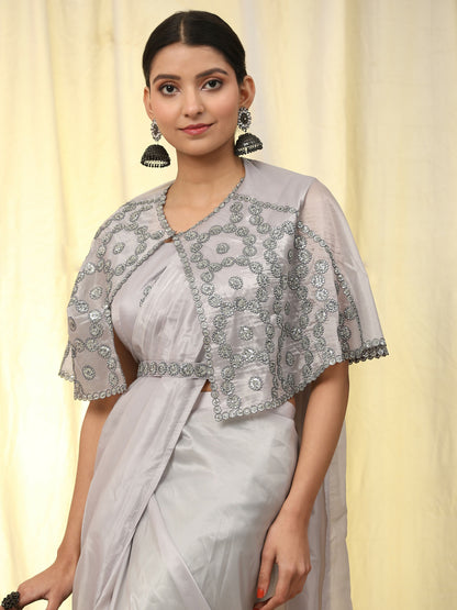 Grey Satin Solid Ready to wear Saree with stitched Blouse - Vanita - Distacart