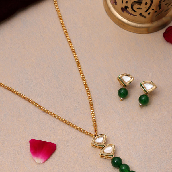 Ruby Raang Kundan and Green Stone Necklace with Studs