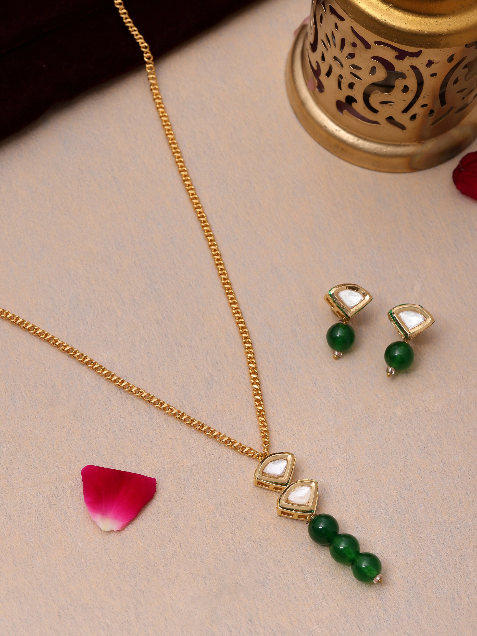 Ruby Raang Kundan and Green Stone Necklace with Studs - Distacart