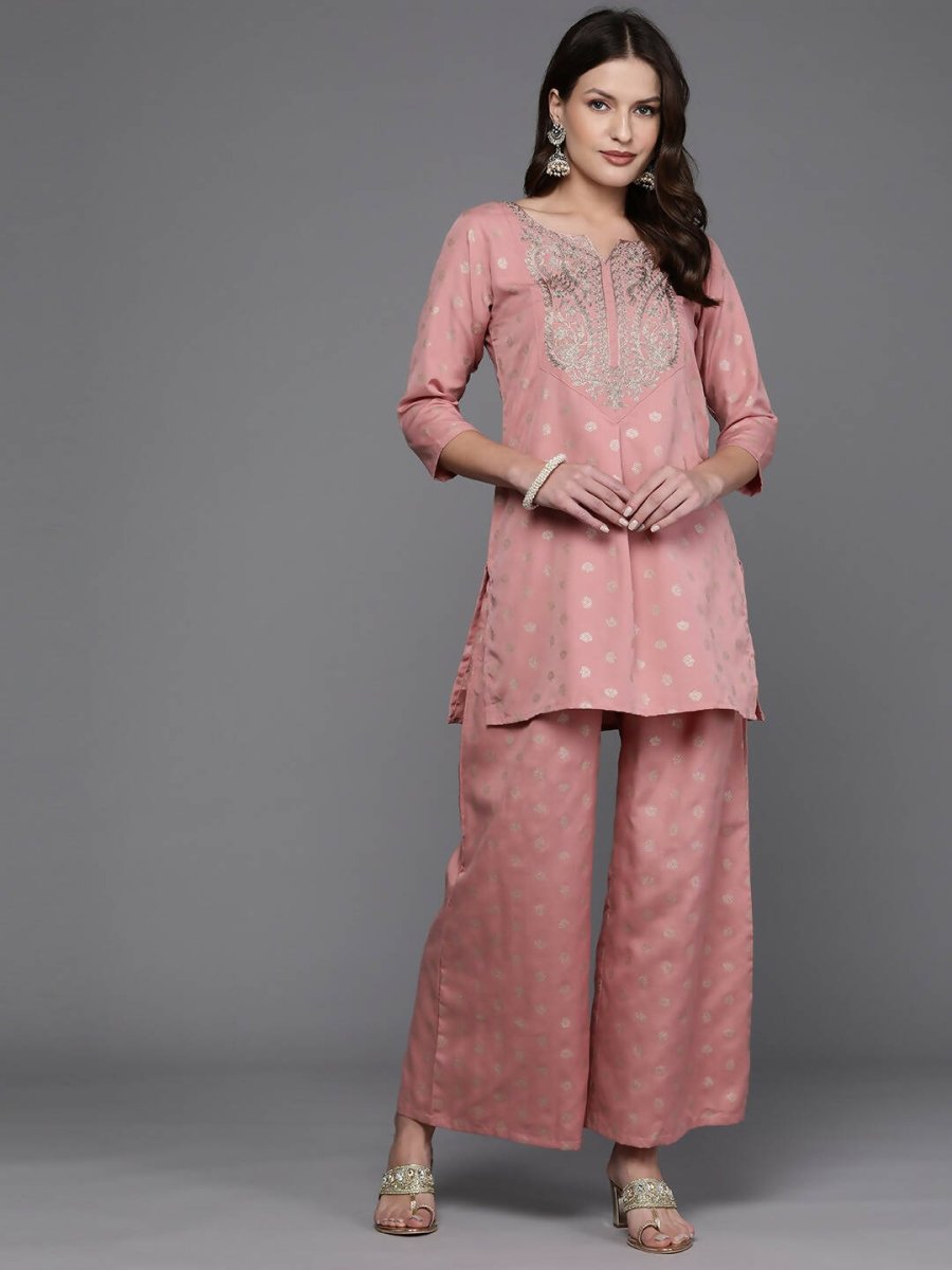 Ahalyaa Women Floral Yoke Design Tunic with Palazzos - Pink Color - Distacart