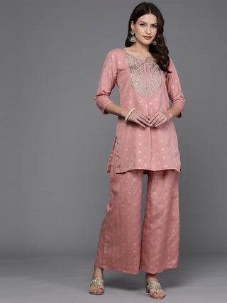 Ahalyaa Women Floral Yoke Design Tunic with Palazzos - Pink Color - Distacart
