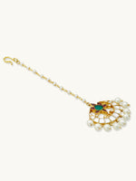 Thumbnail for Nuyug 22K Gold-Plated Green Stone & Kundan Studded with Pearl Drop Maang Tikka Head Jewellery