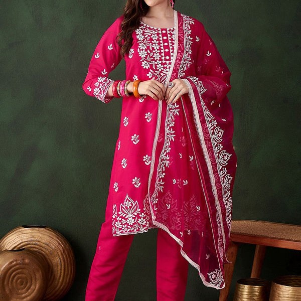 Sangria Pink Floral Embroidered Thread Work Pure Cotton Kurta & Trousers & Dupatta - Distacart