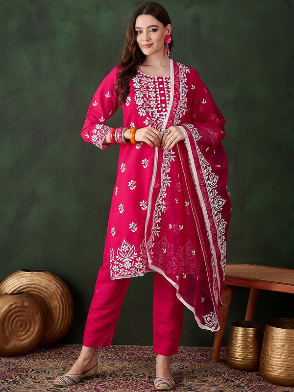 Sangria Pink Floral Embroidered Thread Work Pure Cotton Kurta & Trousers & Dupatta